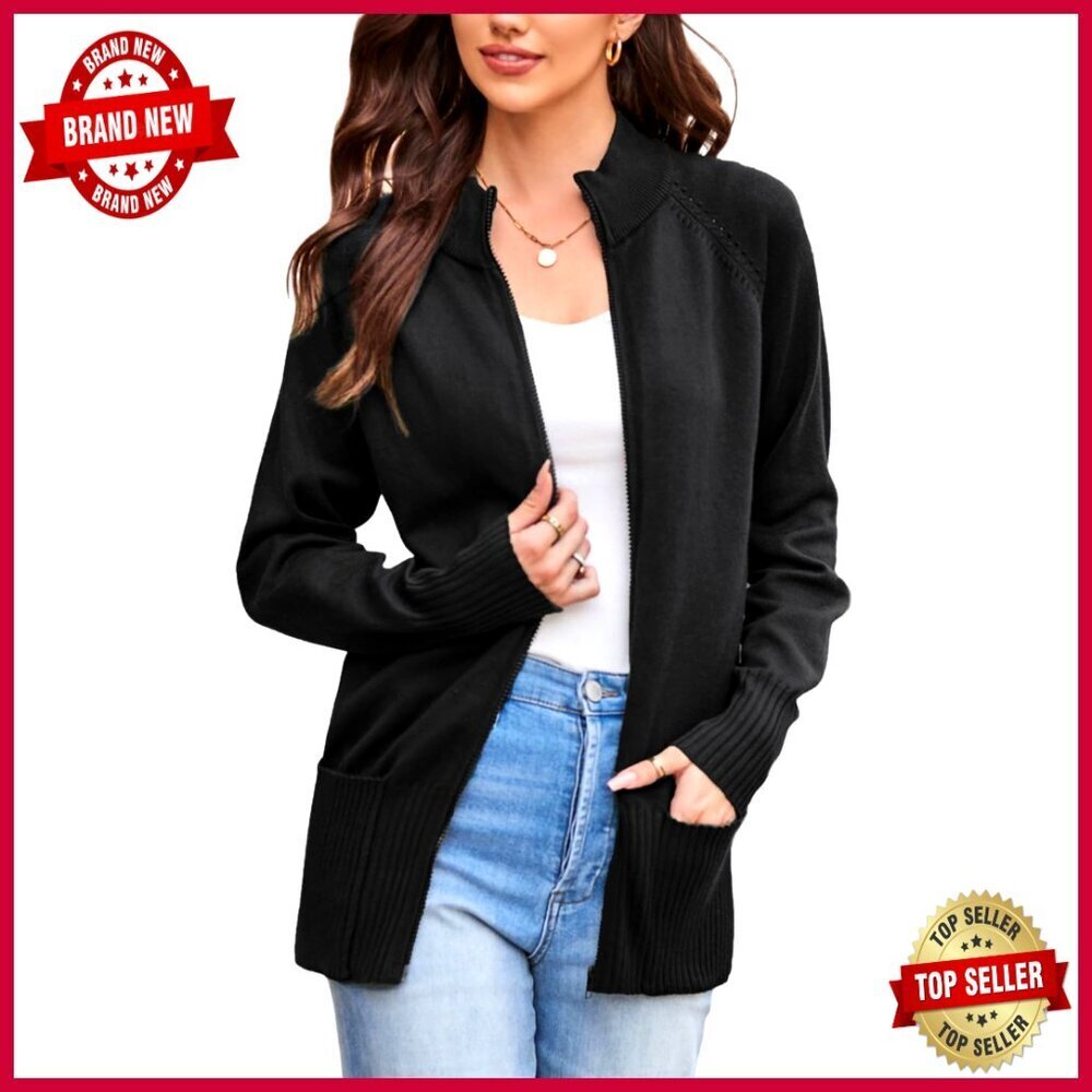Long Sleeve Zip Up Knit Cardigan with Pockets Stand Collar Full Zip Sweater